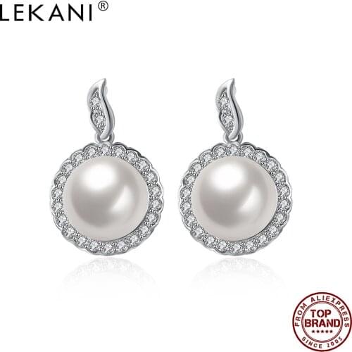 LEKANI White 5A Clear Cubic Zirconia Stud Earrings For Women Round Imitation Pearl Earring Anniversary Female Fashion Jewelry