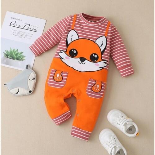 Spring Fall Winter Baby Girl Romper Lovely Embroidery Cartoon Fox Patchwork Striped Long Sleeve Baby Jumpsuit Baby Onesie 3-18M