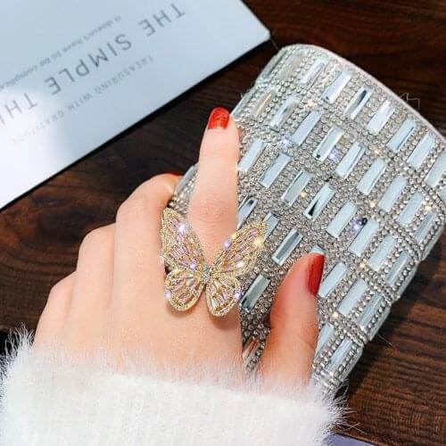 USTAR New CZ Butterfly Rings for women Shiny Rhinestone silver color adjustable Rings Female jewelry Accessories