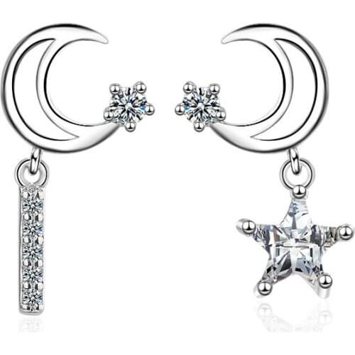 925 Sterling Silver Dainty Moon Star Celestial Asymmetric Dangle Earrings For Women Bridesmaid Gift Wholesale S-E519