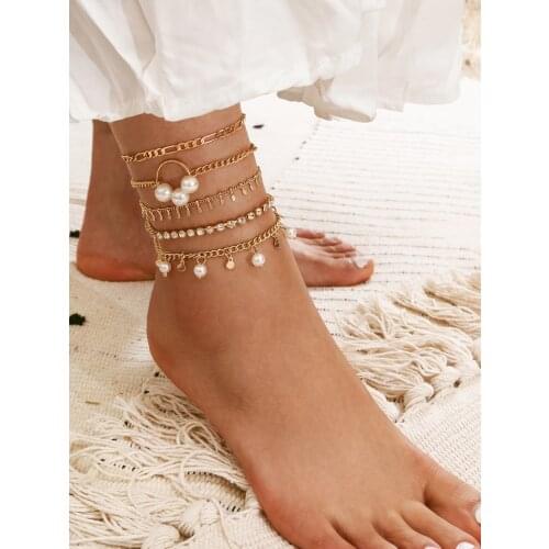 Stillgirl 5Pcs Vintage Bohemia Pearl Crystal Anklets for Women Geometric Chains Female Gifts Summer Beach Foot Fashion Jewelry