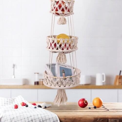 Bohemia Style 3 Tier Hanging Fruit Basket Cotton Rope Woven Hanging Baskets Home Stuff Holder