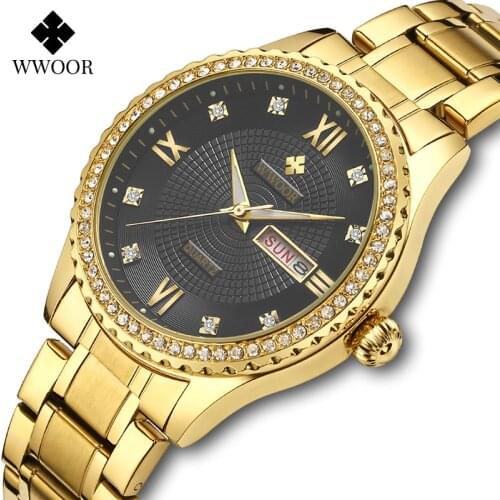 WWOOR Luxury Gold Black Watch Men Fashion Design Quartz Diamond Clock Stainless Steel Waterproof Week Date Wristwatches with Box