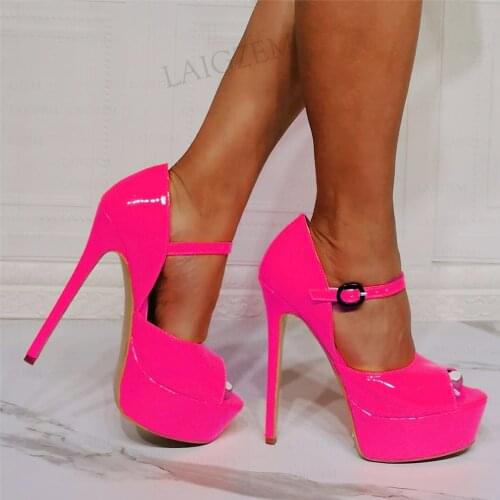 BERZIMER SUPER Women Platform Heels Pumps Peep Toe Shiny Thin High Heels Spring Summer Sandals Shoes Woman Big Size 42 45 47 52