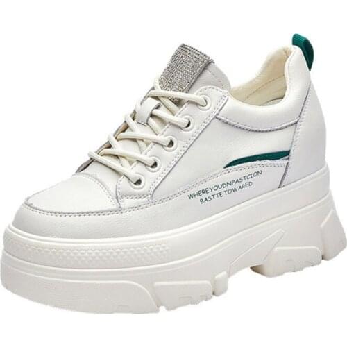 Koznoy 8cm Platform Wedge Hidden Heel Women Sneaker Shoes White Bling Bling Ins Chunky Shoes Genuine Leather Height Increased