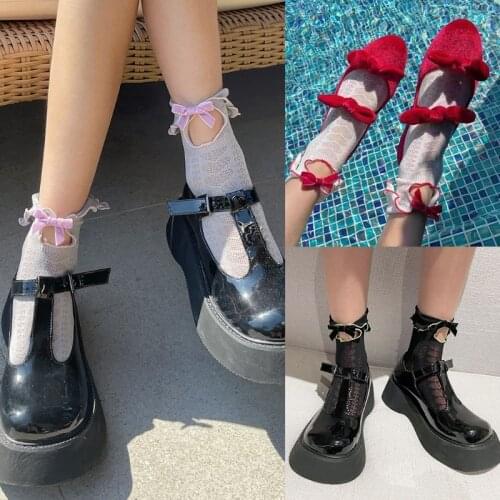 Women Ruffle Trim Heart Net Lace Ankle Socks Sweet Velvet Bowknot Hollow Keyhole Lolita Maid Princess Mesh Short Hosiery