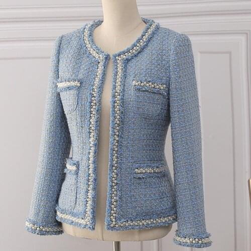 Tweed Jacket Coat 2020 Autumn Womens Beading Long Sleeve Woolen BLAZER Tassels Pearl Pocket SMALL SUIT