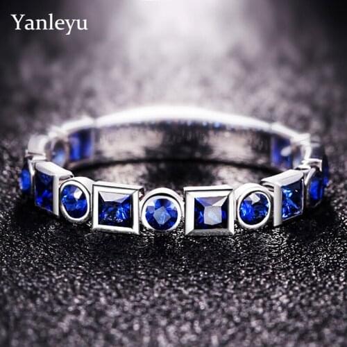 Yanleyu Simple Wedding Bands Finger Ring Real 925 Sterling Silver Blue Sapphire Crystal Engagement Rings for Women Jewelry PR395