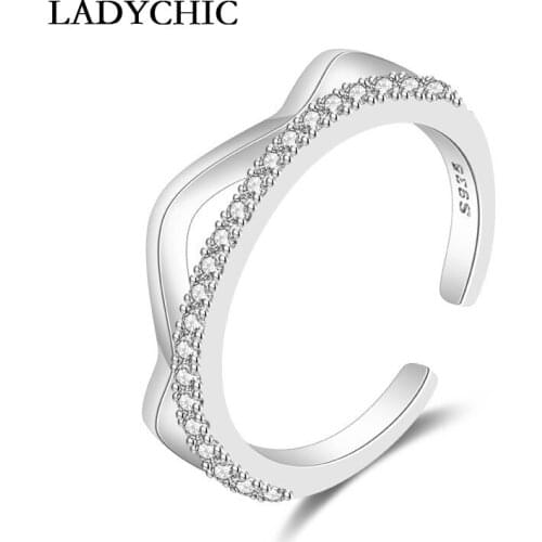 LADYCHIC Simple Silver Color & Rose Gold Wave Open Rings for Women Personality Elegant Zircon Crystal Ring Jewelry Accessories