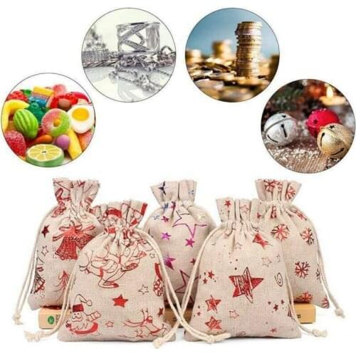 10x14cm Christmas Gift Bag Santa Claus Elk Patterns Xmas Candy Drawstring Storage Bags Cotton Linen Sack Holder Packing Decor