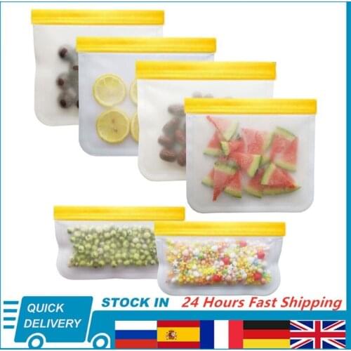 6Pieces/Set Reusable Food Storage Bag PEVA Silicone Food Fresh-Keeping Bag Fruit Meat Milk Food Container Yellow Blue Sealed Bag