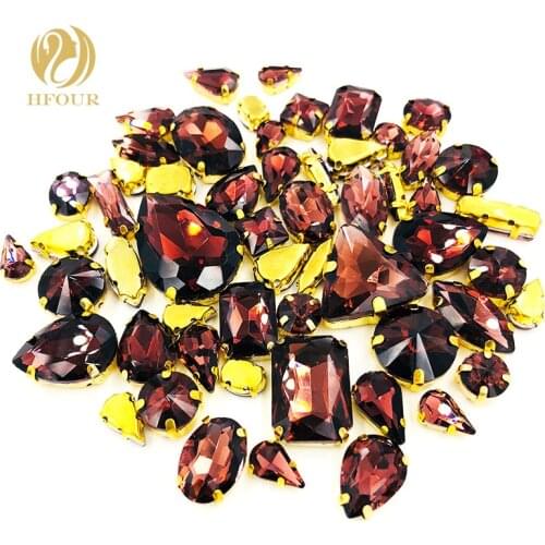 Free shipping Gold base mixed shape Wine red glass flatback sew on rhinestones crystal strass DIY Wedding/Garment Accessories