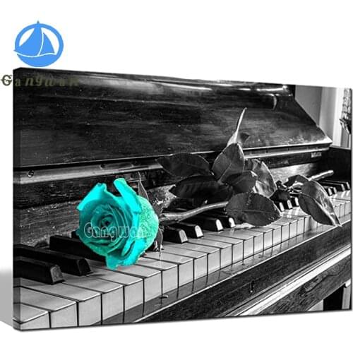 Teal Rose on Black and White Piano Keys Picture Full Drill Square Diamond Painting Sale Diamond Embroidery Home Decoration Gift