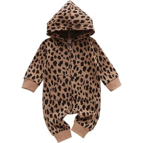 Spring Autumn Infant Leopard Print Romper, Toddler Long Sleeve Casual Front Pockets Jumpsuit Baby Loose Playsuit
