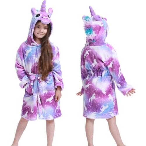 Toddler Kid Boys Girls Unicorn Flannel Hooded Bathrobes Kids Rainbow Bath Robe Nightgown Pajamas Sleepwear Children Home Clothes