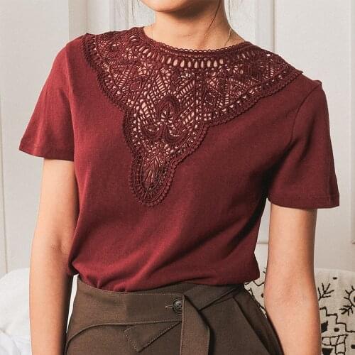 Lace Crochet Women T shirt Round Collar Cotton Short Sleeve Hollow out Patchwork Elegant Blouse Retro Femme Vintage Tee Shirts