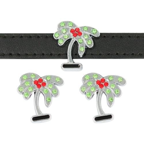 Crystal Coconut Palm Tree Slide Charms Flat Hole Metal Beads Keeper Fit 10mm Stainless Steel Mesh Bracelets DIY Jewelry Making