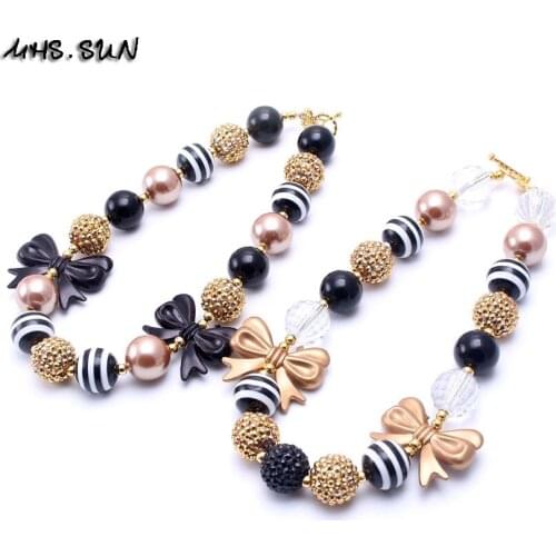 MSH.SUN 2Pcs Girls Kids Bowknot Chunky Beads Necklace Handmade Child Toddler Bubblegum Necklace Chunky Jewelry For Party Gifts