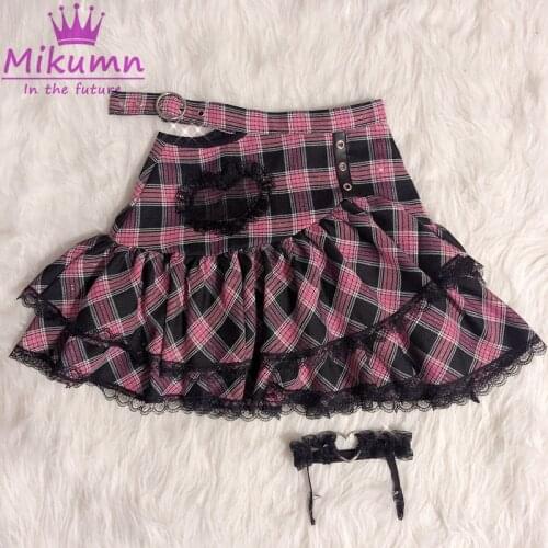 Harajuku Punk Style Girls Pink Plaid Pleated Skirt Gothic Lolita Cake Mini Skirt Women Cute High Waist Short Skirts