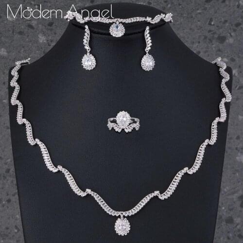 ModemAngel Luxury Flower AAA Cubic Zirconia Necklace Bangle Earring Ring Fashion Set Women Dress Engagement Wedding Bridal