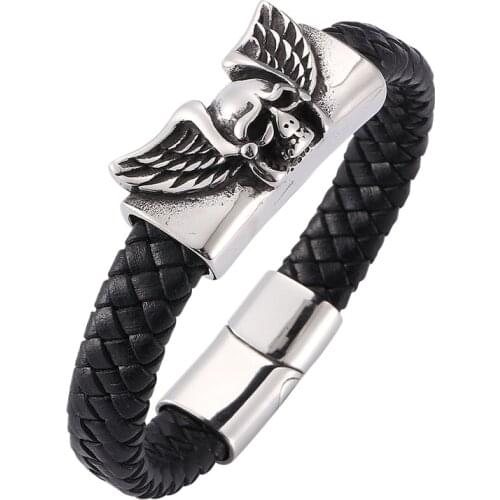Men Jewelry Punk Black Weaving Leather Bracelet Demon Bracelets Stainless Steel Fashion Bracelet Gifts SP0281