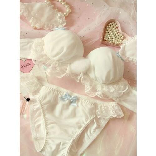 Japanese Soft Girl Cute Hair Ball Girl Heart Rabbit Ears Chiffon Lace with Steel Rings Closed Underwear Bra Suit GZ-T10