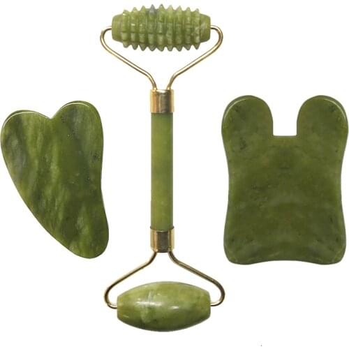 Jade Roller Set Facial Massager Natural Stone Face Roller Guasha Massage Board Gua Sha Scraper Jade Roller And Guasha Kit