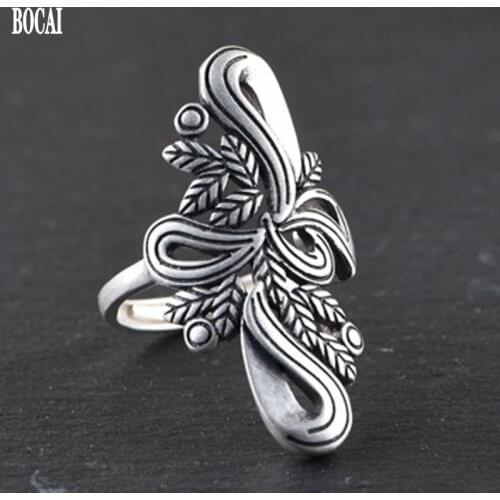 2020 new Thai silver vintage leaves bow stylish adjustable woman ring real pure s925 silver ring for women