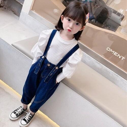 Autumn New Arrival Children Girl Clothing Set White Puff Sleeve Bottoming Shirt+Long Denim Overall Pant Two Piece Outfit 1-7Yrs