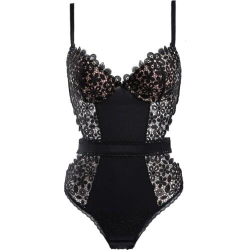 New Floral Lace Mesh Transparent Sexy Bustiers Corsets with Cup Push Up Bodysuit Open Crotch Underwear Women Lingerie