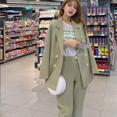Chic Women Fashion Double Breasted Slim Blazer+Slim Suit Pants Two Piece Set 2021 New Light Green Office Lady Elegant Clothing