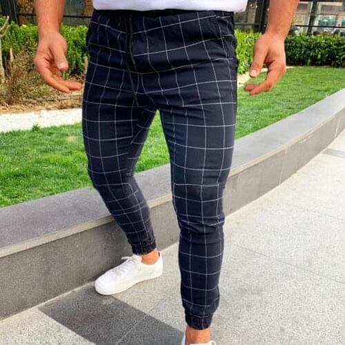 Sweatpants Fashion Men Plaid Print Drawstring Elastic Casual Pencil Pants Trousers