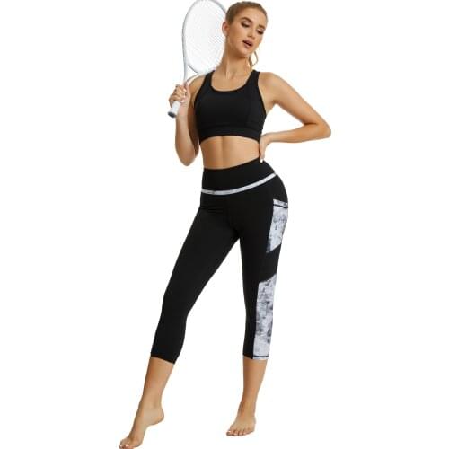 Sugar Pocket Printed Leggings High Waist Sport Women Fitness Tight Push Up Gym Clothing Joggers 3/4 Running Trouser