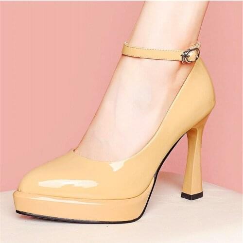 Sexy Platform Pumps Womens Bright Cow Leather Pointed Toe High Heels Ankel Strap Wedding Party Shoes 34-43