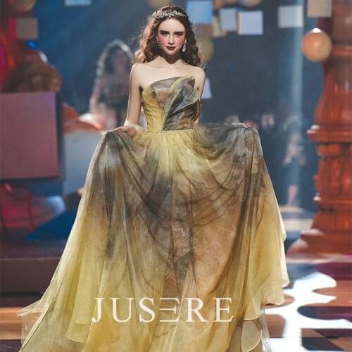 Ombre color A-Line strapless simple ruched zipper back court train evening dress prom dress