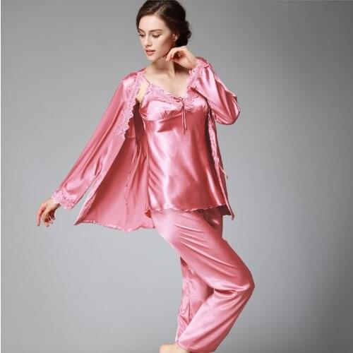 Spring Lace Womens Pajamas Set Silk Satin 3Pcs/Set Cardigan+Vest+Pants Elegant Femme Tender Sleepwear Homewear