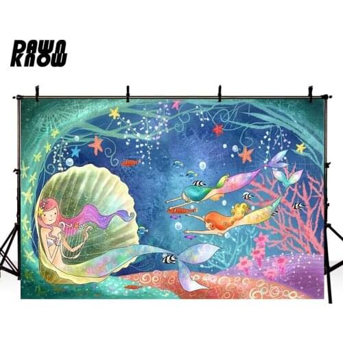 DAWNKNOW Cartoon Seabed Mermaid Vinyl Photography Background For Baby Shell Photo Shoot Backdrop For Wedding Photo Studio lv478