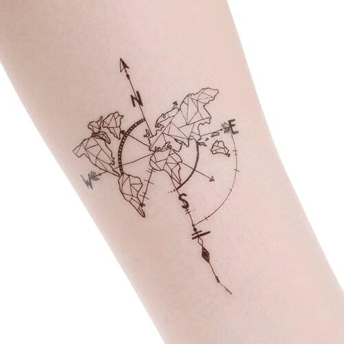 Waterproof World Map Temporary Tattoo Sticker Vintage Map Coordinates South North Body Art