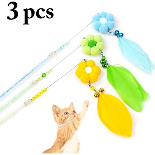 3pcs Funny Cat Toys Cute Flower Bell Artificial Feather Cat Interactive Teaser Toys Pet Supplies