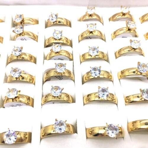 MixMax 25PCs Womens Rings Golden Zircon Stone Stainless Steel 6mm Band Wedding Jewelry Wholesale Lot