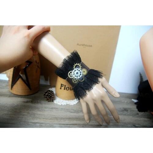Women Steampunk Gear Leather Black Lace Wrist Cuff Vintage Wristbands Handmade Unique Party Cosplay Accessories
