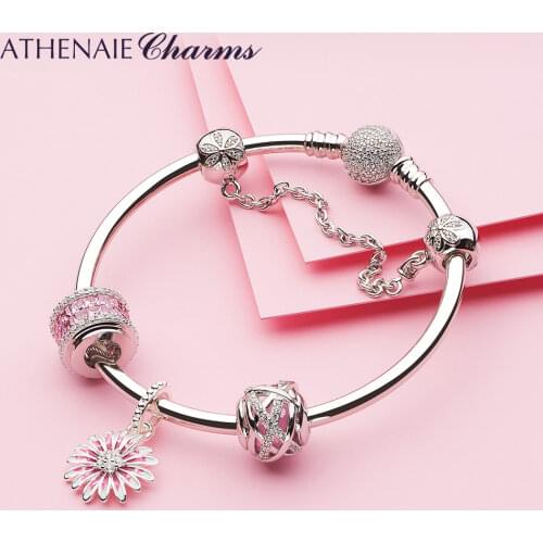 ATHENAIE 925 Sterling Silver Mixed Enamel Shine Zircons Daisy Charms Bracelet for Women DIY Jewelry