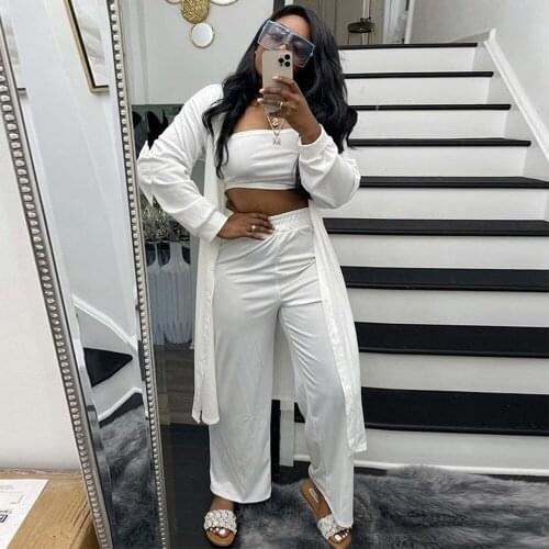 Casual Autumn Fall 3 Piece Matching Sets Women Clothing Strapless Crop Tops+wide Leg Trouser+long Sleeve Open Stitch Tracksuit