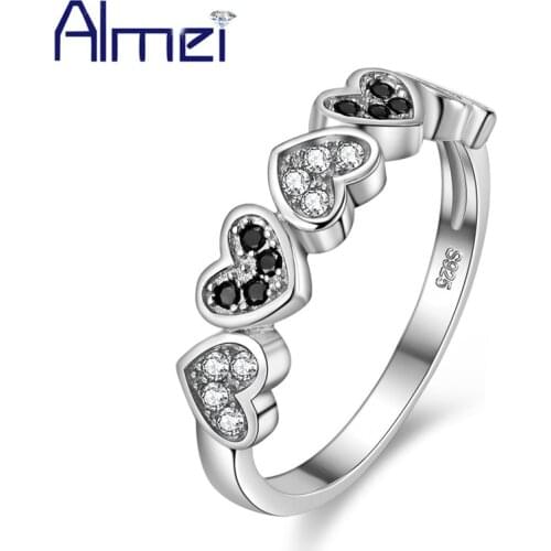 Almei Wedding Rings for Women Love Heart CZ Zircon Ring Vintage Black Crystal Anel Silver Jewellry Christmas Gifts Bague Y015