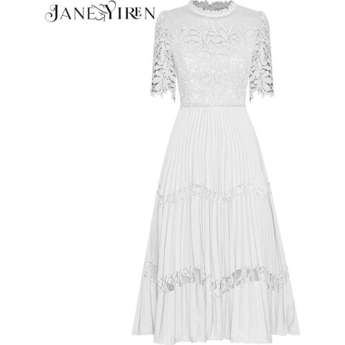 Janeyiren Fashion Runway dress Spring Womens Dress Short sleeve Mesh Patchwork Hollow Out Embroidery Pleated Dresses
