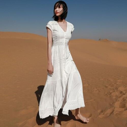 Jastie Summer Seaside Holiday Beach Dress Patchwork Hollow Lace Embroidered Dresses for Women V-Neck Short Sleeve Maxi Dress