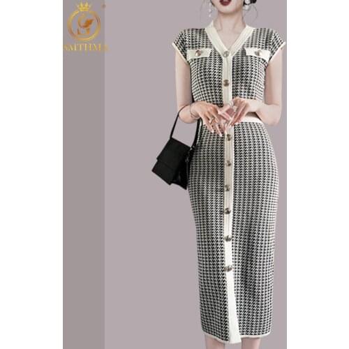 SMTHMA Houndstooth Knitted Dresses For Women Summer 2021 V-Neck Party Casual Slim Single-Breasted Vintage Midi Dress