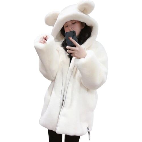 67cm Length New Cartoon Cute Bear Ears Winter Warm Loose Fur Hooded Coat Plush Thicken Women Hoodies Sweatshirt Zipper White