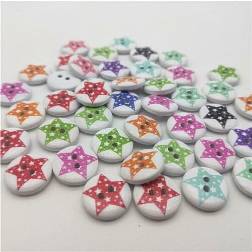100pcs 15mm Wood Round Mixed Stars Buttons Sewing 2 Holes Decorative Christmas DIY Crafts Embellishments