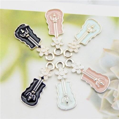 Julie Wang 6PCS Enamel Flower Violin Charms Black Blue Pink Cartoon Music Instrument Pendants Alloy Jewelry Making Accessory